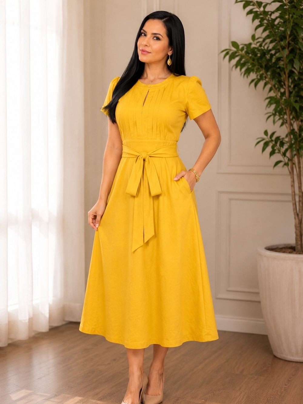 Yellow Tie-Waist Midi Dress - Women